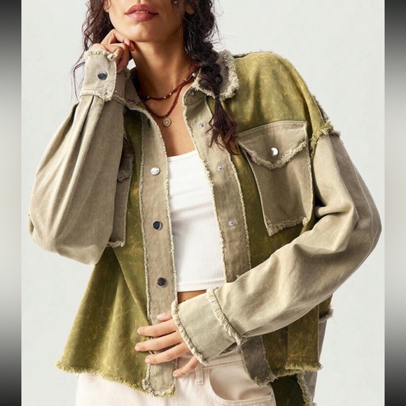 🌻HP⭐️ Flower jacket green floral distressed pocket mineral washed denim style - Picture 6 of 6